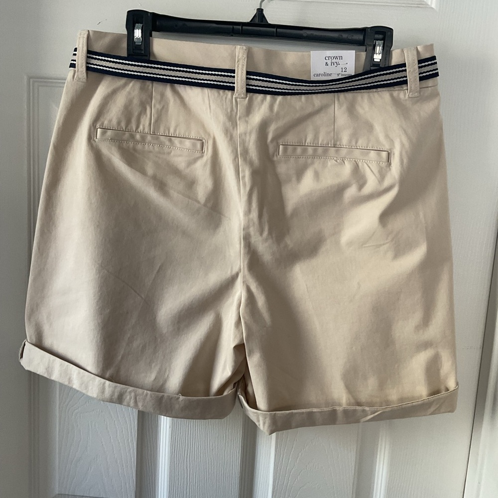 Crown & Ivy High Rise Belted Shorts Women Size 12 NWT Beige Summer Cute - Picture 5 of 10